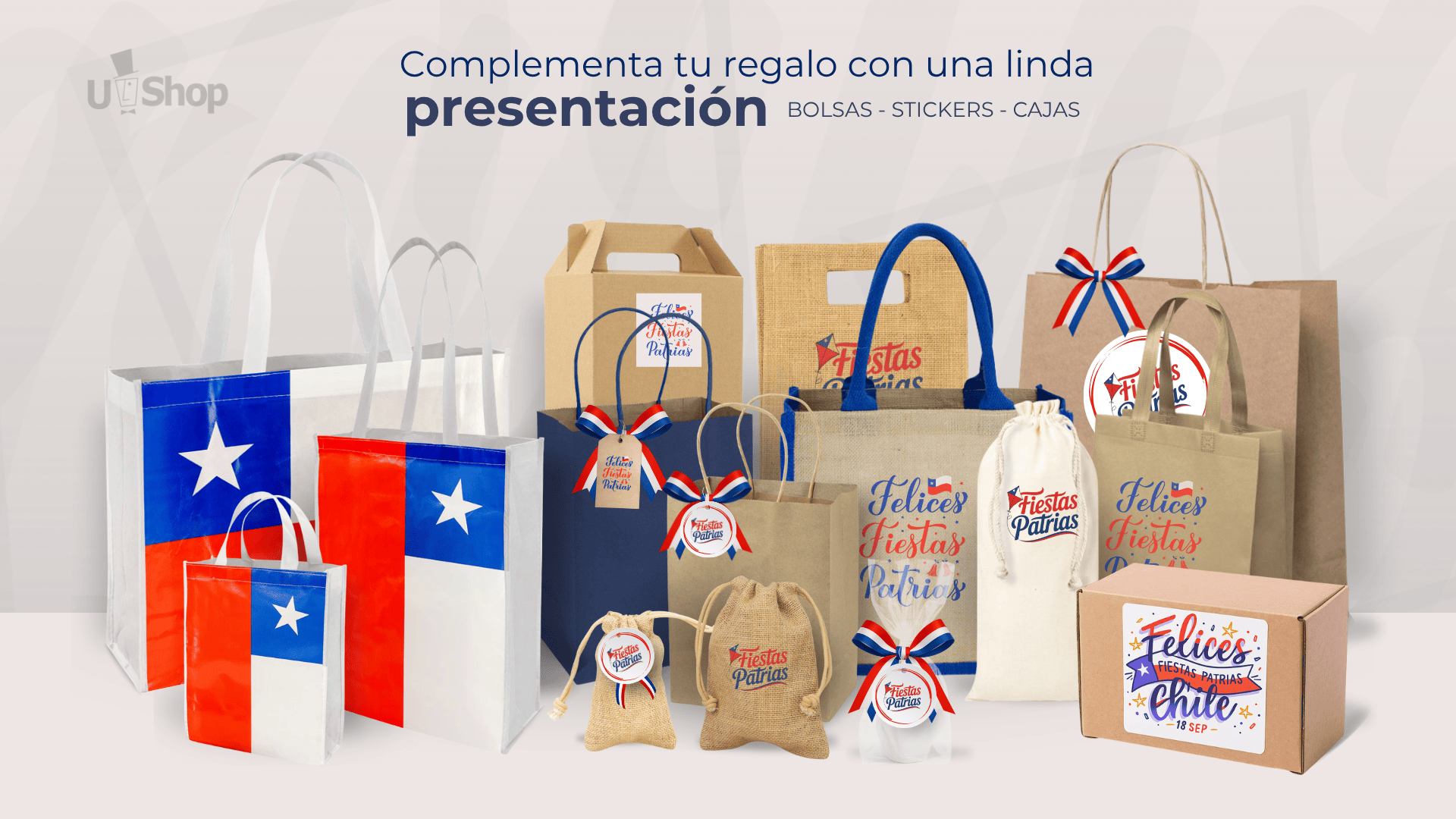 Bolsas y cajas para Fiestas Patrias chilenas con diseño tricolor y mensajes personalizados de "Felices Fiestas Patrias", ideales para regalos corporativos.