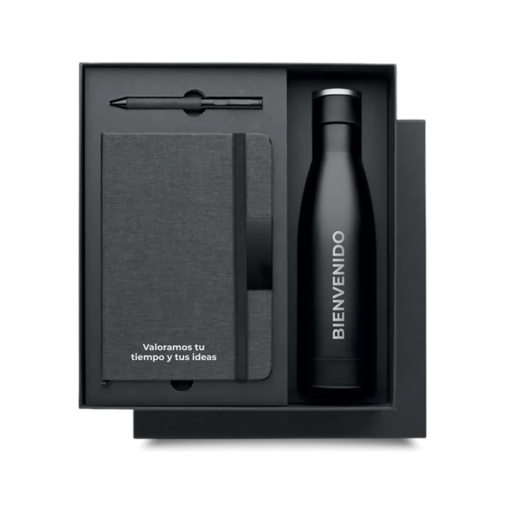 Regalo corporativo de Kit de bienvenida con cuaderno, botella reutilizable y bolígrafo personalizados en caja premium negra